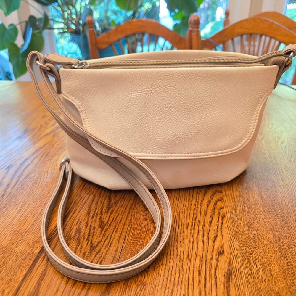 Cream Pebbled Vegan Leather Crossbody Bag Organizer Purse Adjustable Strap